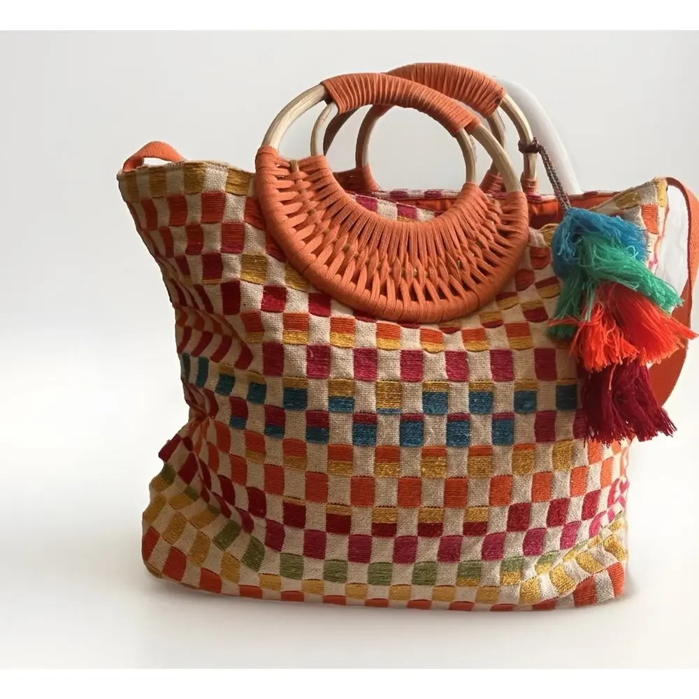 America & Beyond Sunshine Tote Bag Woven Checker Multicolor Tassel Boho Beach